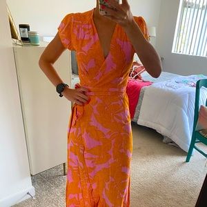 Maxi Wrap Dress in Bright Pink and Orange